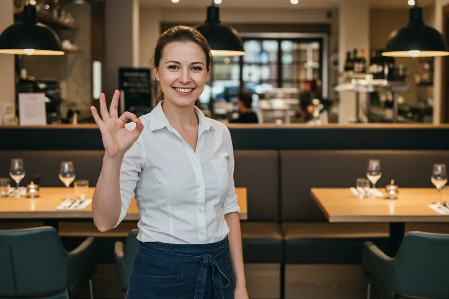 Eine Kellnerin steht lächelnd in einem modernen Restaurant und zeigt mit der Hand ein „Okay“-Zeichen. Im Hintergrund sind gedeckte Tische und stilvolle Inneneinrichtung zu sehen.