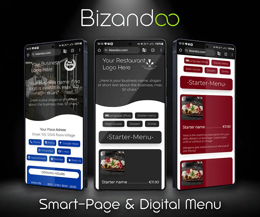 Three smartphones display the digital menu and SmartPage for local businesses with the "Bizandoo" lettering on a dark background. The screens show different views and features of a SmartPage and digital menus.