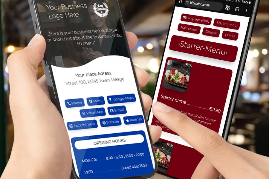 Person hält ein Smartphone in der Hand, auf dessen Bildschirm die Smart-Page von Bizandoo angezeigt wird.