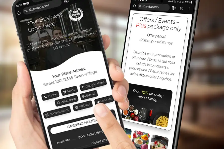 Person hält ein Smartphone in der Hand, auf dessen Bildschirm die Smart-Page von Bizandoo angezeigt wird.